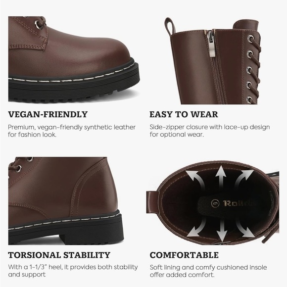 Rollda Combat Boots Mid-Calf  Lace Up Side Zipper Riding Boots Military Boots - Picture 2 of 8